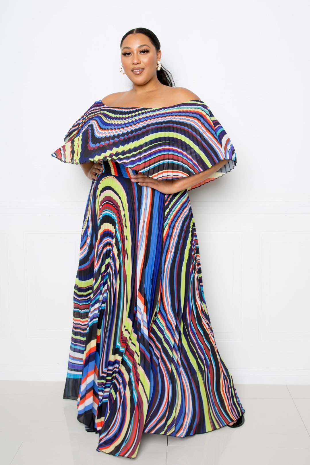 Geo Printed Off Shoulder Pleated Maxi Dress image 0