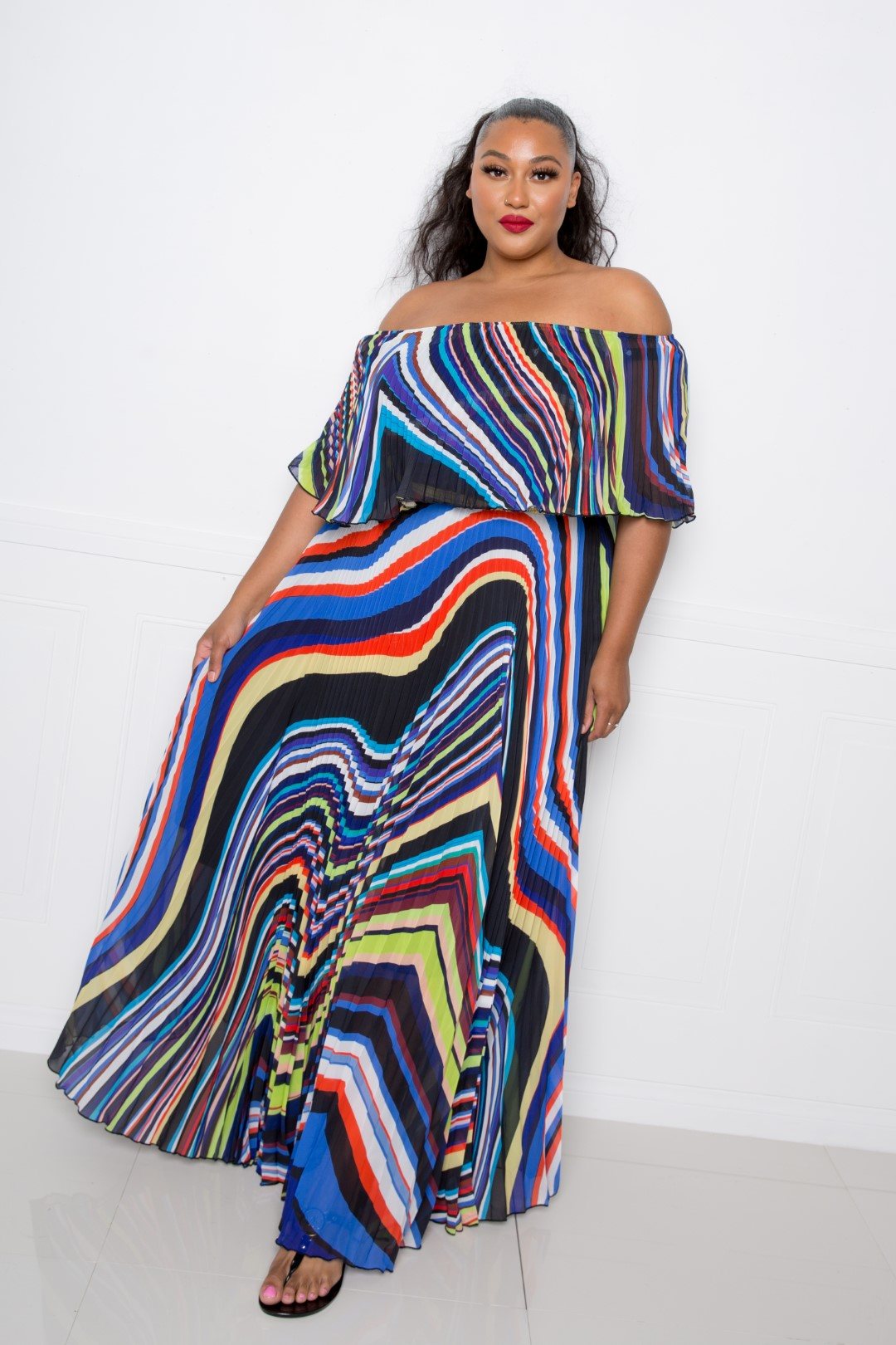 Geo Printed Off Shoulder Pleated Maxi Dress image 1