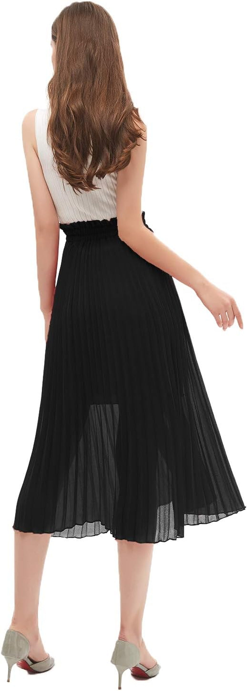 Women'S Pleated A-Line High Waist Swing Flare Midi Skirt
