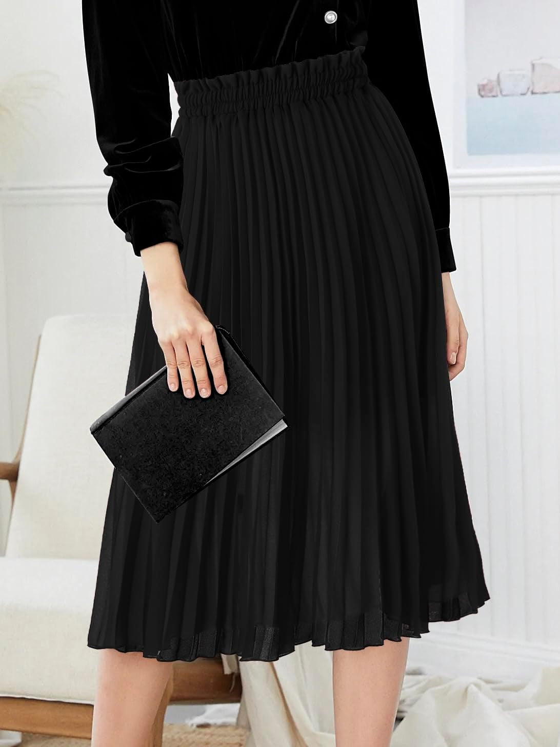 Women'S Pleated A-Line High Waist Swing Flare Midi Skirt