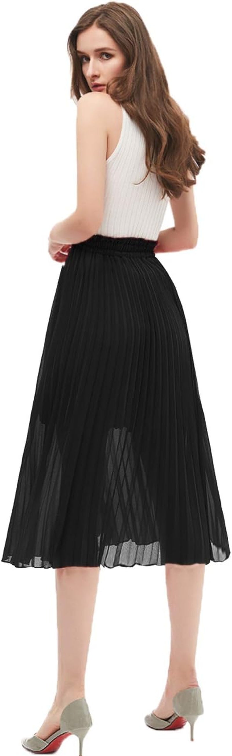 Women'S Pleated A-Line High Waist Swing Flare Midi Skirt