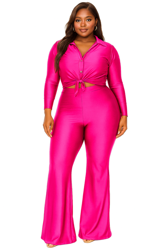 Plus Satin 3/4 Sleeve Wide Leg 2 Piece Set