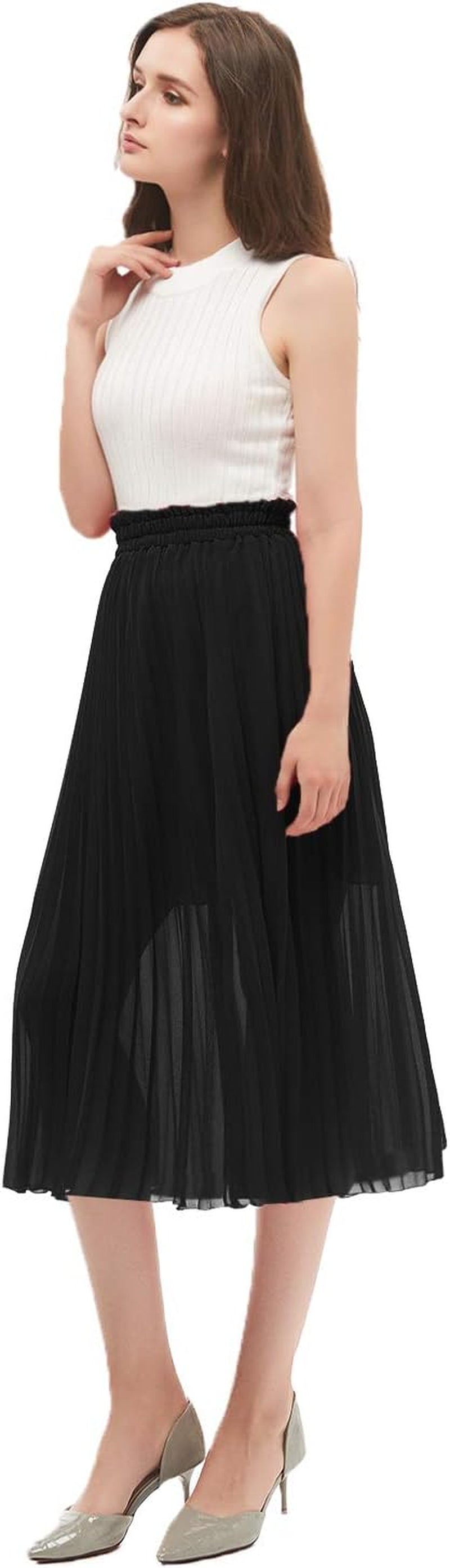 Women'S Pleated A-Line High Waist Swing Flare Midi Skirt