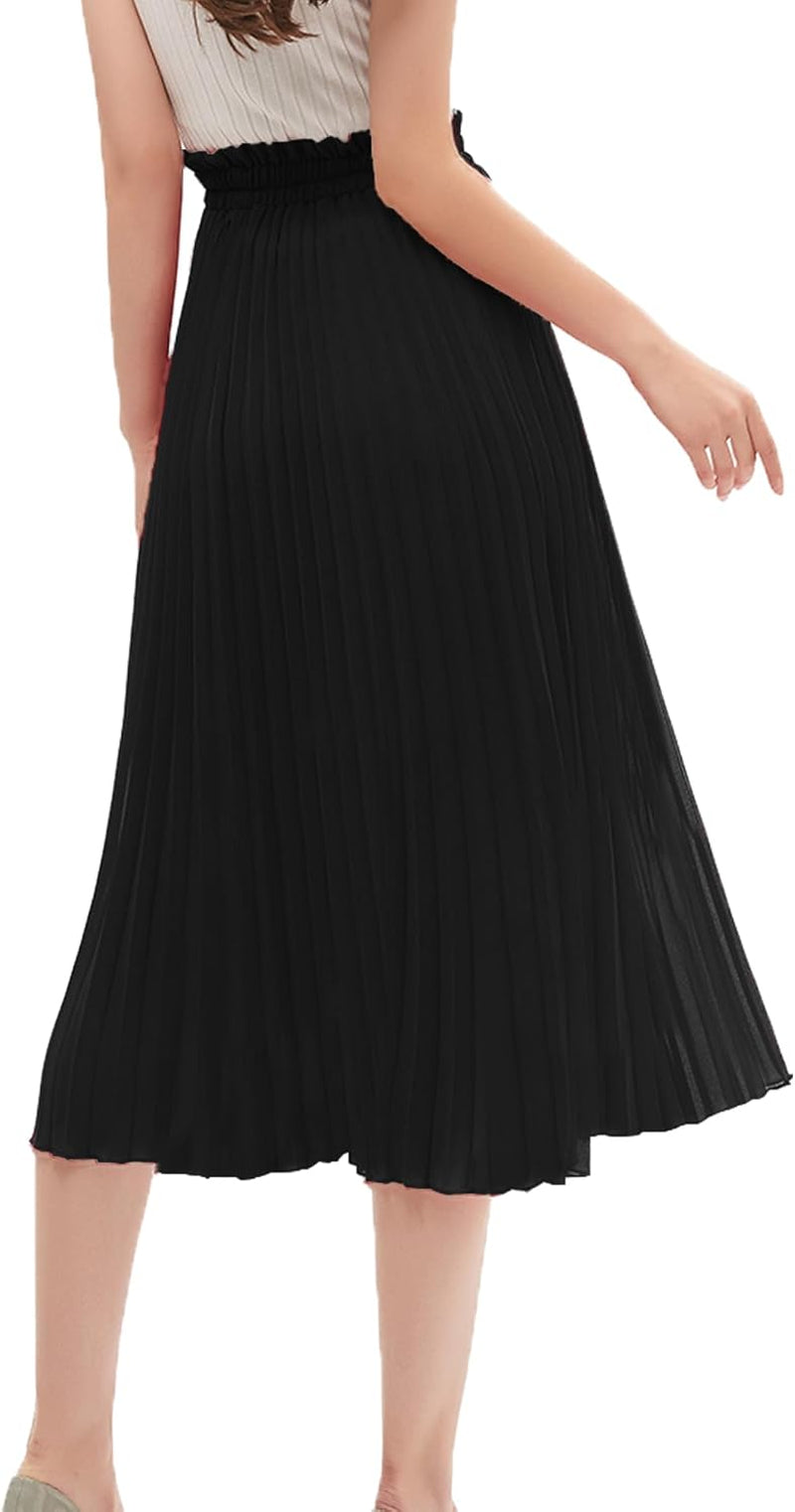 Women'S Pleated A-Line High Waist Swing Flare Midi Skirt
